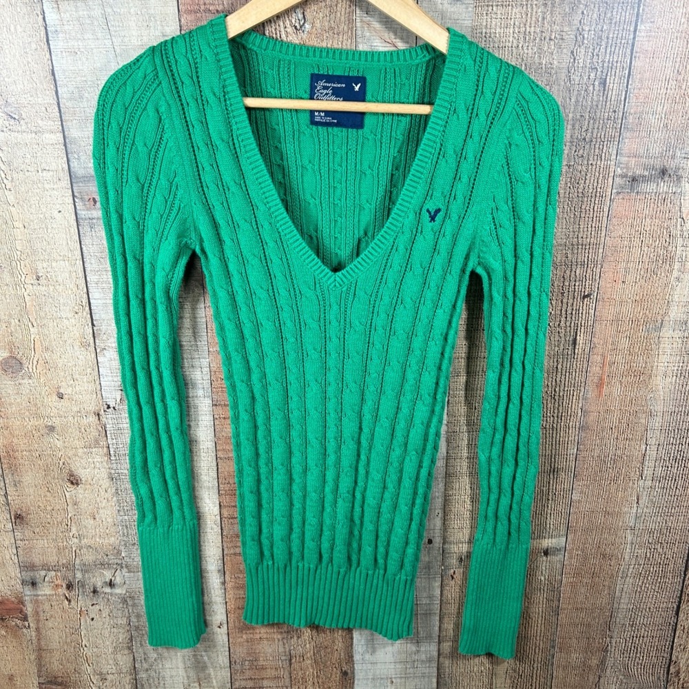 American Eagle Cable Knit Sweater V Neck Kelly Green Cotton Preppy Medium Fitted